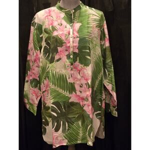 Charlotte Kellogg Anne Top, 100% Linen Pink Orchid & Green Palm Tunic, Size XL